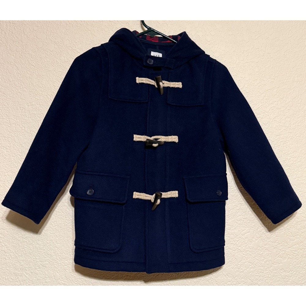 Gap Kids Wool Duffle Coat Navy Blue Plaid Hooded Toggle Jacket S Nautical cozy